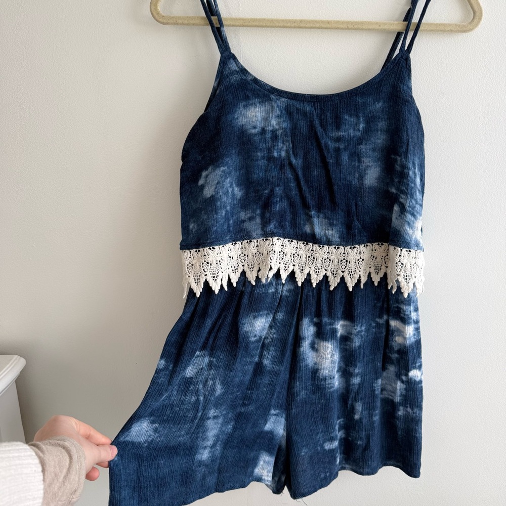 Navy Blue Tie-Dye Crochet-Trim Romper